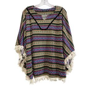 Earthbound Trading Co Colorful V-neck Poncho Women's OS Tassel Ties White Fringe